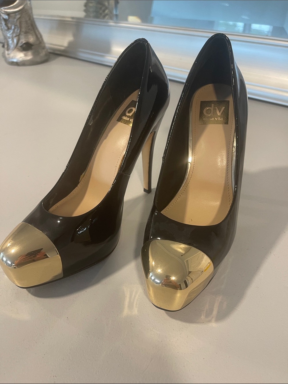 DV by Dolce Vita Black Patent Platform Pumps with Gold Cap Toe